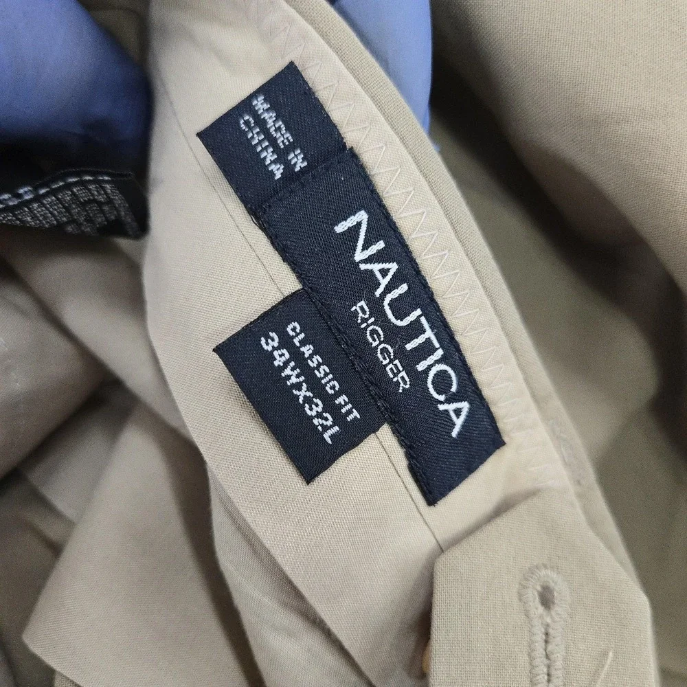 Nautica Pants‎ Mens 34x32 Beige Rigger Classic Fit Pleated Stretch Chino Casual